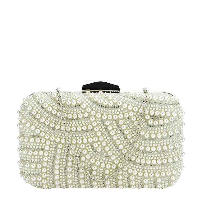 Clutch ivoar argintiu decorat cu perle B-1006 05 Alb