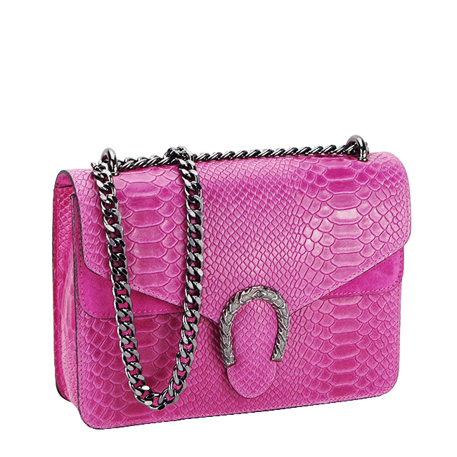 Geanta dama din piele naturala cu print reptila B-1524 123 Fucsia Fucsia