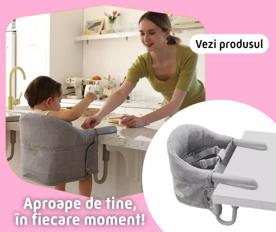 imagine copil in scaun de masa impreuna cu mama in bucatarie