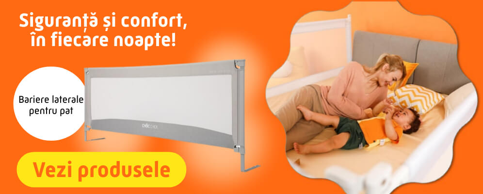 banner cu bariere de pat si in imagine o mama cu copilul in pat se joaca