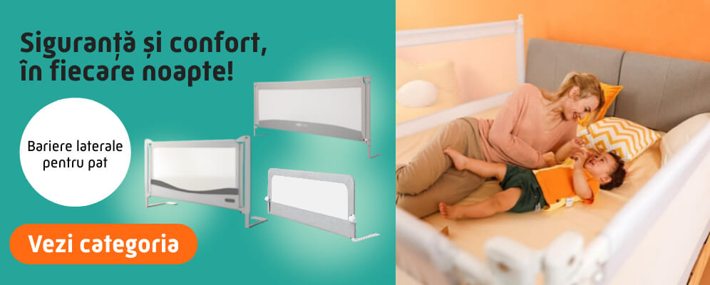 banner categorie Bariere protectie pentru pat empria cu 3 modele diferite de bariere si imagine cu mama si copilul in patul cu bariere de protectie