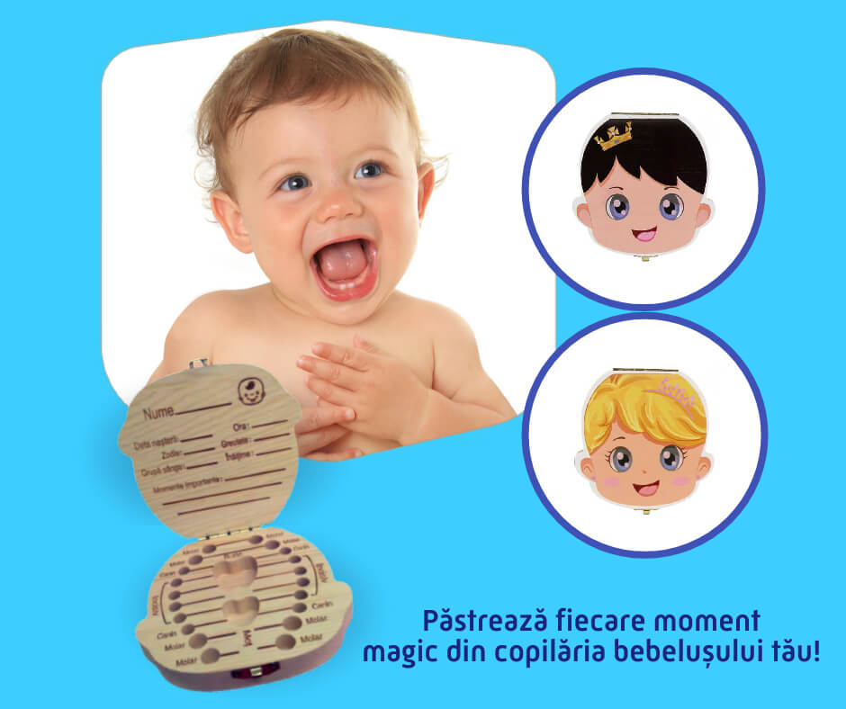 banner cu bebe care rade si cutiile de pastrat amintiri alaturate iar in prim plan este cutia desfacuta in care se pot pune dintisorii si buricul sau motul