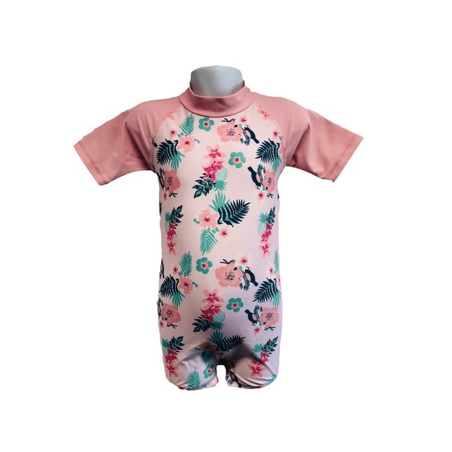costum de baie cu protectie UV pentru copii, de culoare roz, cu modele florale
