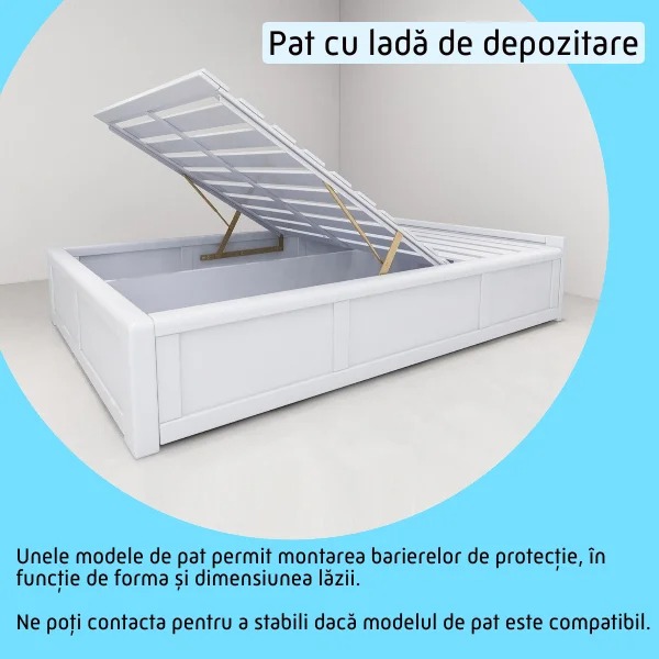 imagine cu tipul de pat pentru care bariera de pat nu reprezinta neaparat o solutie din cauza diverselor particularitati ale patului- pat cu lada de depozitare