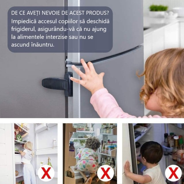 imagine cu blocatorul pentru frigider de la empria.ro si cu situatii ipotetice in care copii sunt pusi in pericol