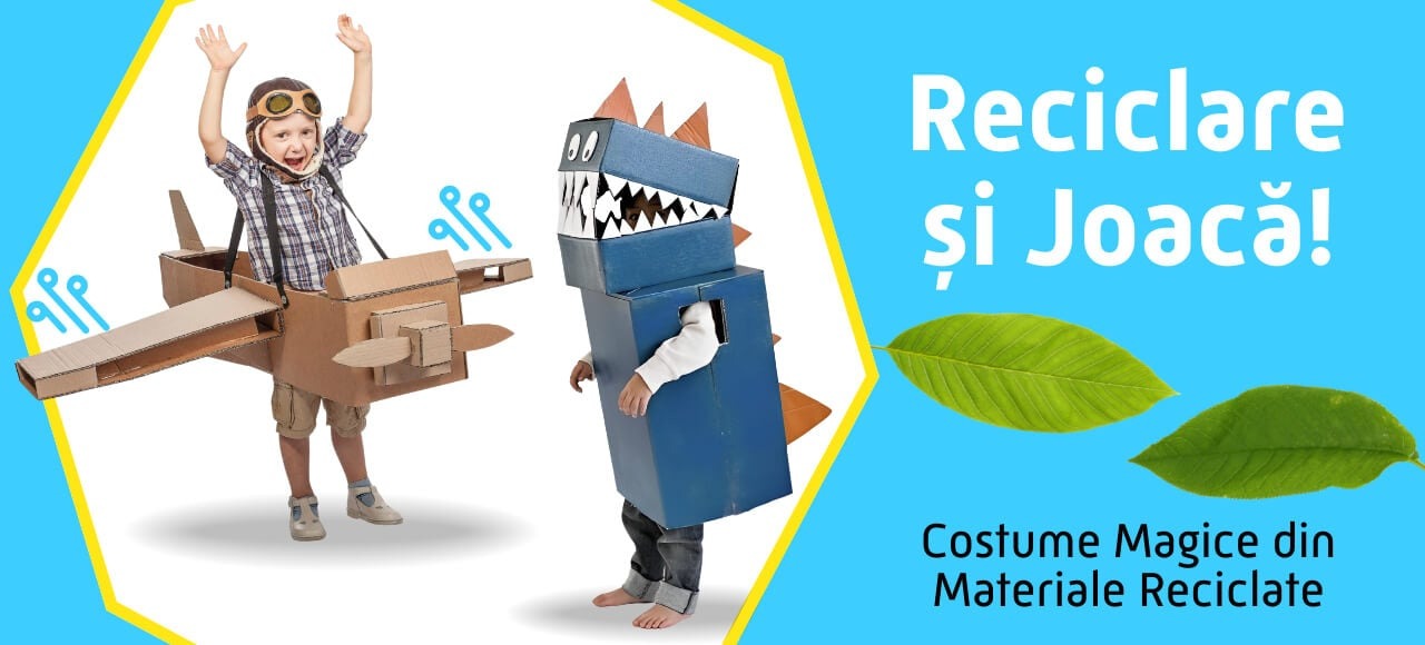 banner cu costume pentru baietei facute din materiale reciclabile, cu un avion de carton si un dragon 