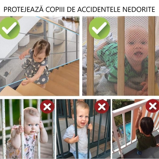 imagine cu plasa de siguranta montata si copii care si-au prins capul intre gratii din cauza ca lipsea plasa