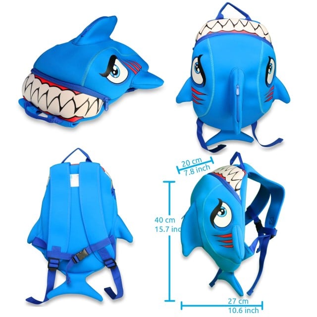 Ghiozdan pentru copii model 3D în Forma de Rechin Bleu cu bretele ajustabile