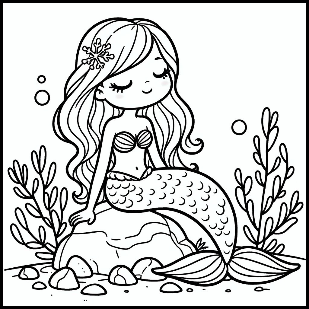 imagine contur negru fundal alb cu o sirena care sta pe stanca in adancul apei