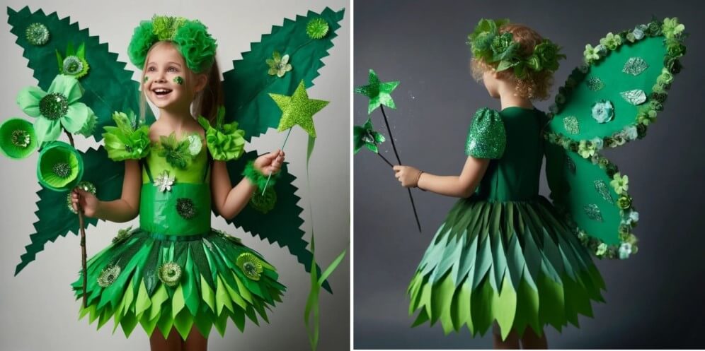 banner cu fetita imbracata in costum verde de zana din materiale reciclabile