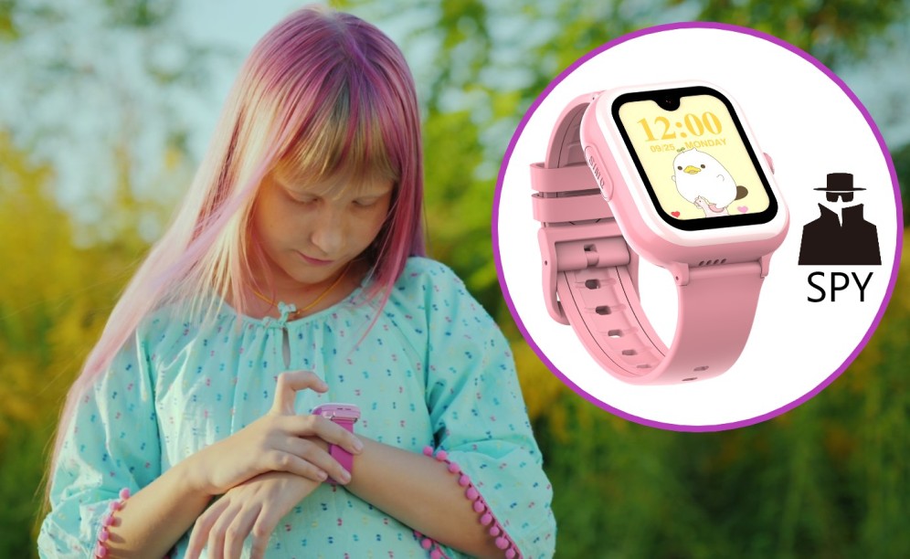 fetita cu smartwatch roz la mana si in dreapta este zoom pe ceasul cu functia spion pentru siguranta copiilor