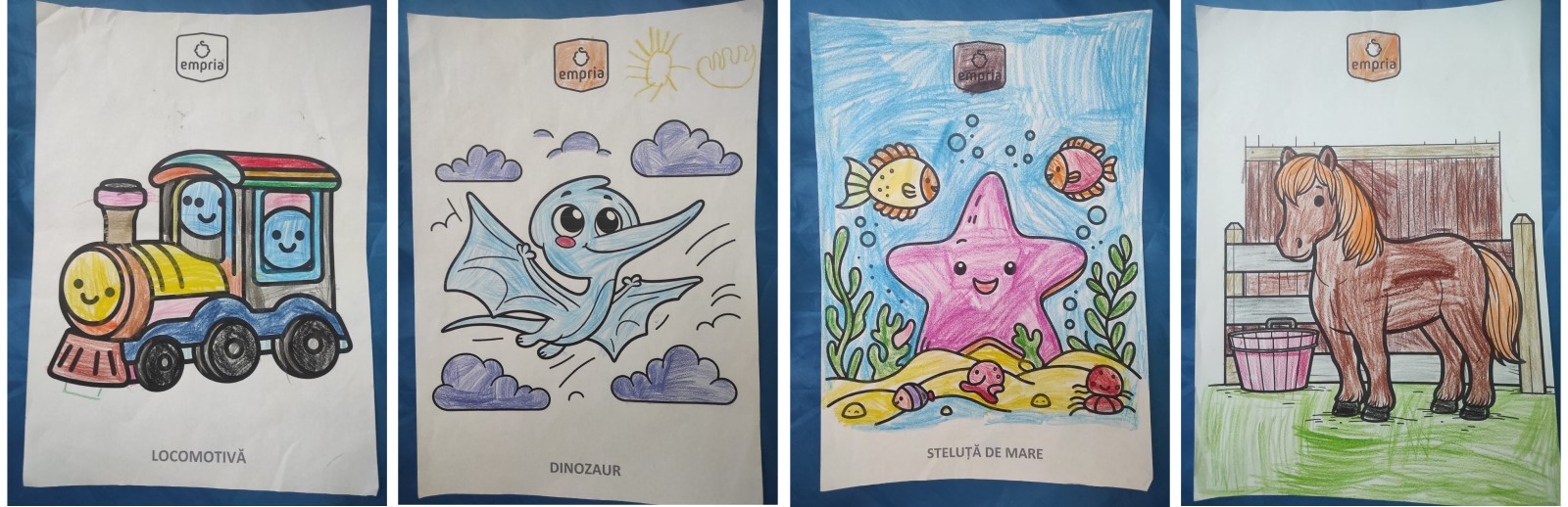 serie de 4 desene colorate de copii- trenulet, dinozaur, stea de mare si calut