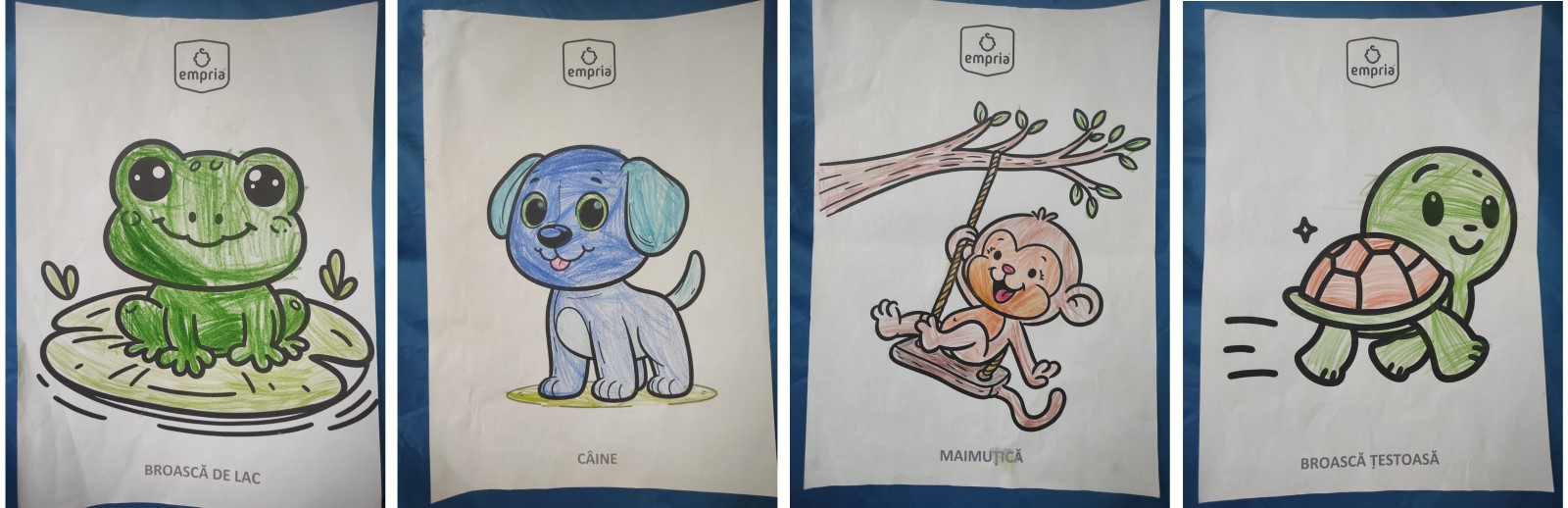 serie de 4 desene colorate de copii- broscuta, catel, maimutica, broasca testoasa
