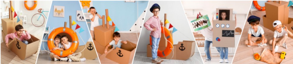 banner cu imagini multiple cu copii si diverse forme din cartoane