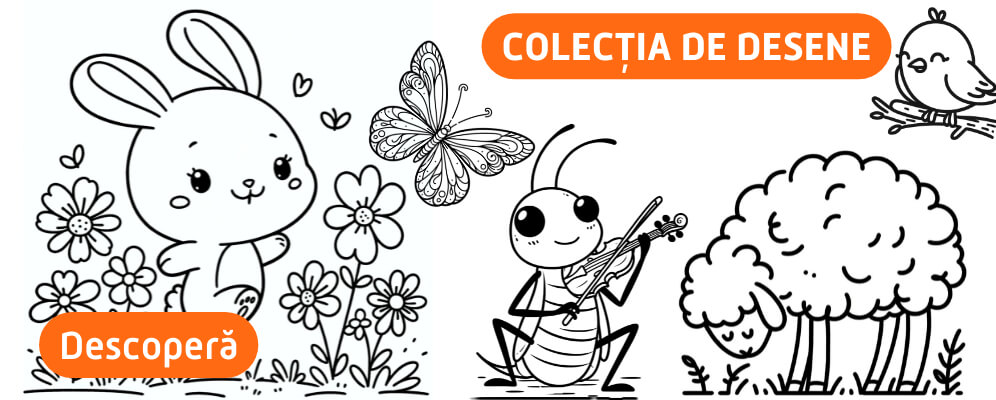 Banner catre pagina de desene de colorat- cu diverse desene in contur si buton de call to action