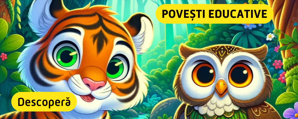 Banner catre pagina de povesti educative pentru copii cu TOBI si LUMI  si buton de call to action