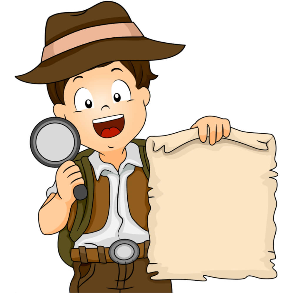 imagine cu explorator cu o lupa si o harta in mana, imaginea este un desen