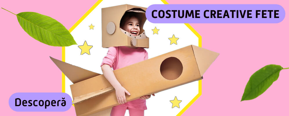 Banner catre pagina de costume din materiale ecologice pentru fete si buton de call to action- in imagine este o fata cu costum de racheta din carton