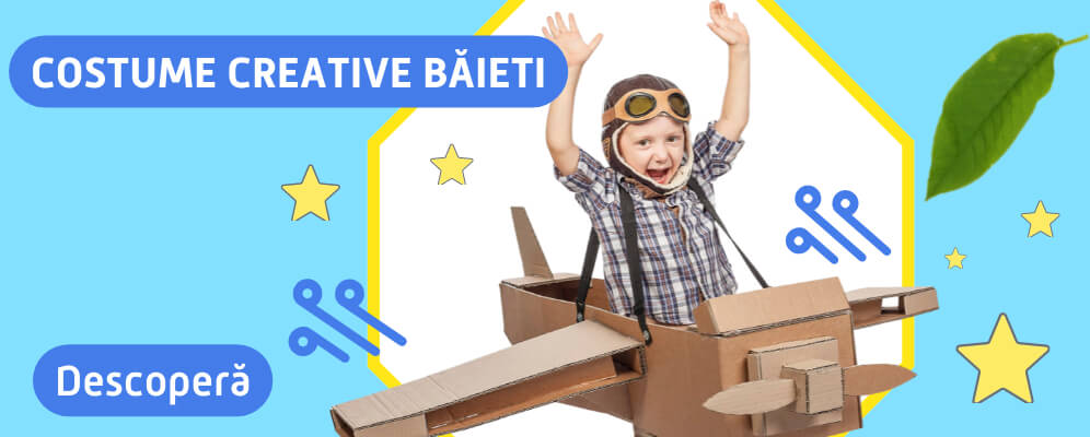 Banner catre pagina de costume din materiale ecologice pentru baieti si buton de call to action- in imagine este un baietel cu costum de avion din carton