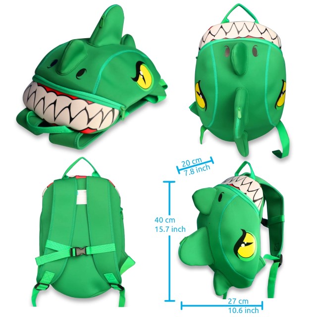Ghiozdan pentru copii model 3D în Forma de Crazy Dino Verde cu bretele ajustabile