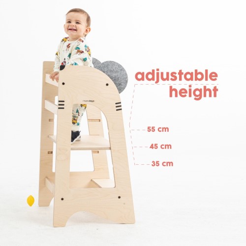 Turnul are 3 pozitii de inaltime, de la 30 la 50 cm, adaptandu-se nevoilor copilului pe masura ce creste