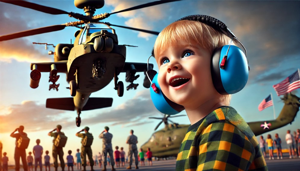 imagine cu un elicopter in zbor in fundal si un copil blond cu ochii albastri care poarta o pereche de casti antiofnice pe cap si este bucuros
