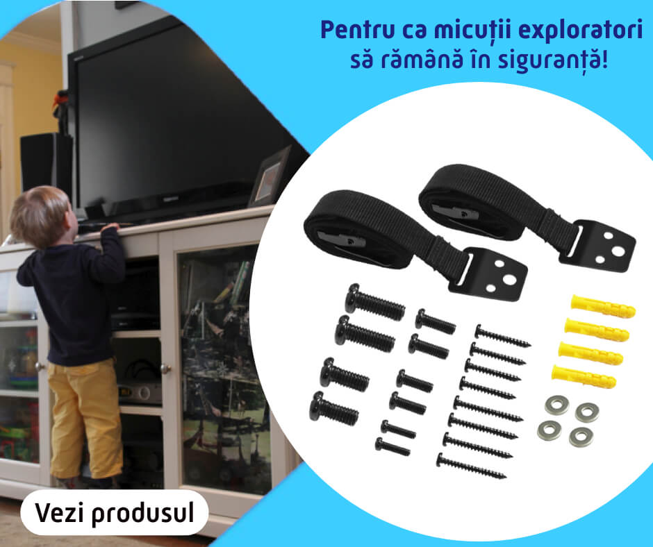 imagine chingi de ancorare televizor si copil care se catara pe mobilier