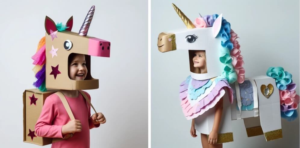 banner cu doua fetite cu costum de unicorn facut din carton si alte materiale reciclabile