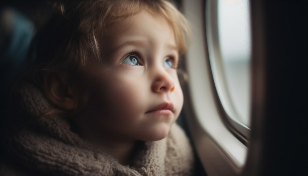 bebelus care priveste pe geamul avionului
