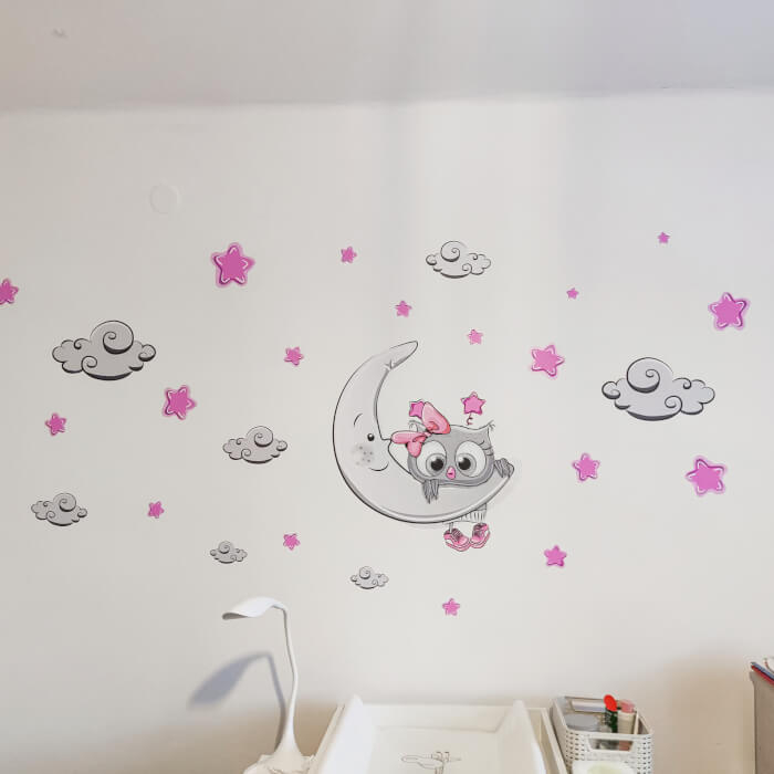 Autocolant pentru camera copiilor - pui de bufnita roz-gri + nori si stele, Luna 60x50cm [5]