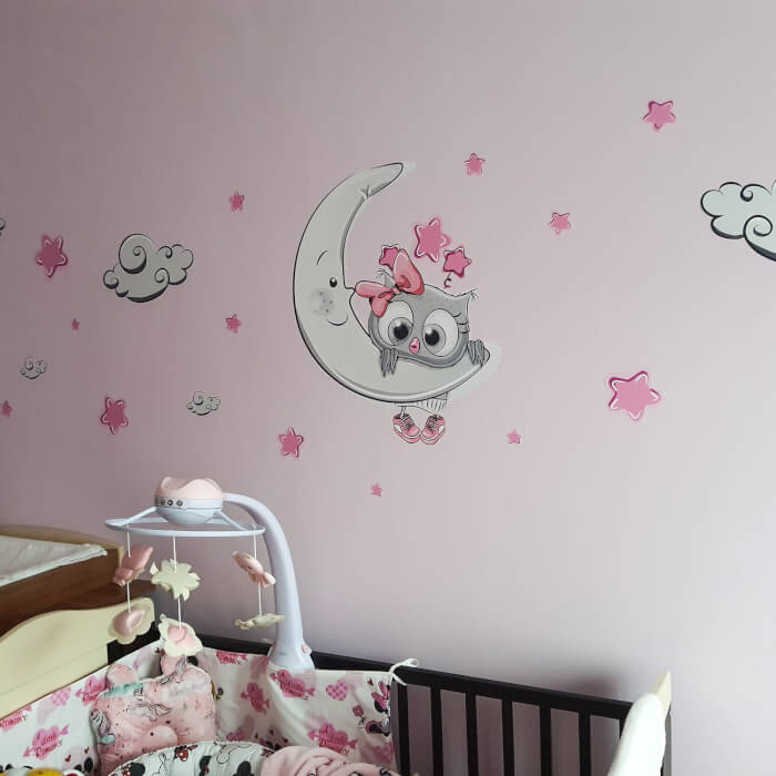 Autocolant pentru camera copiilor - pui de bufnita roz-gri + nori si stele, Luna 60x50cm [4]