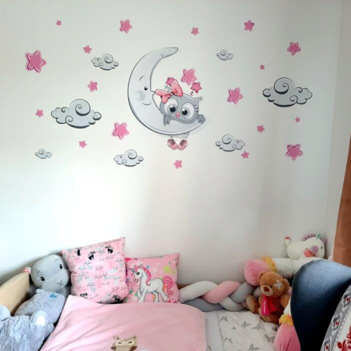 Autocolant pentru camera copiilor - pui de bufnita roz-gri + nori si stele, Luna 60x50cm [3]