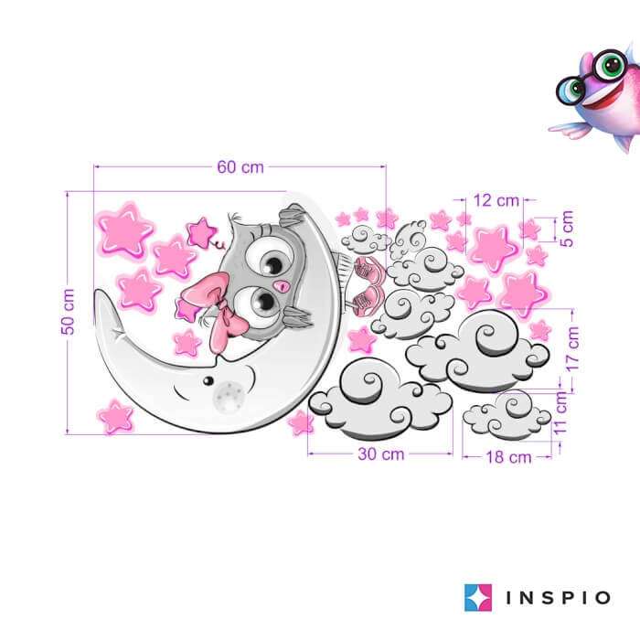 Autocolant pentru camera copiilor - pui de bufnita roz-gri + nori si stele, Luna 60x50cm [2]