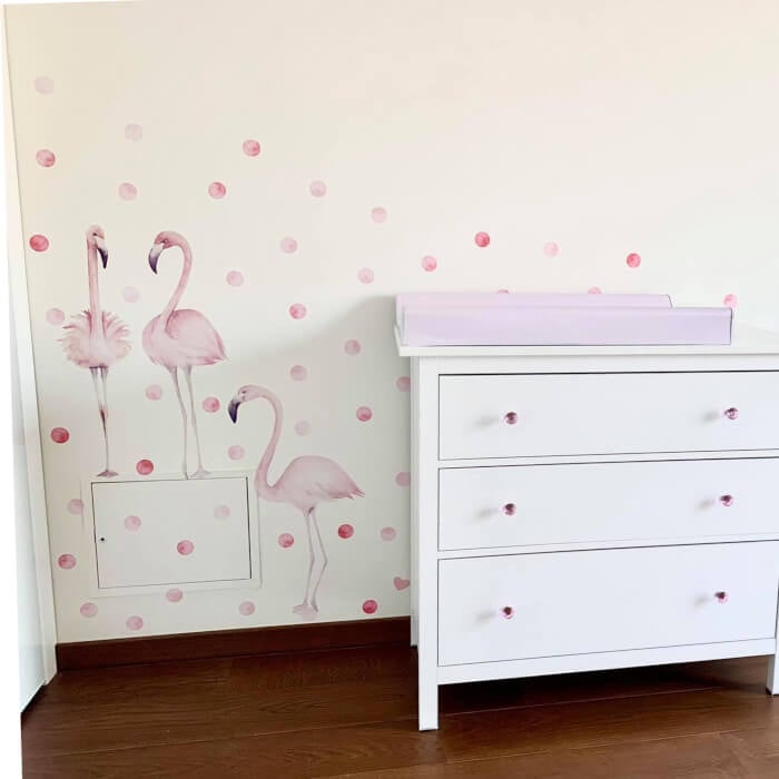 Autocolant pentru perete - flamingo roz cu sfere, 100 x 90 cm