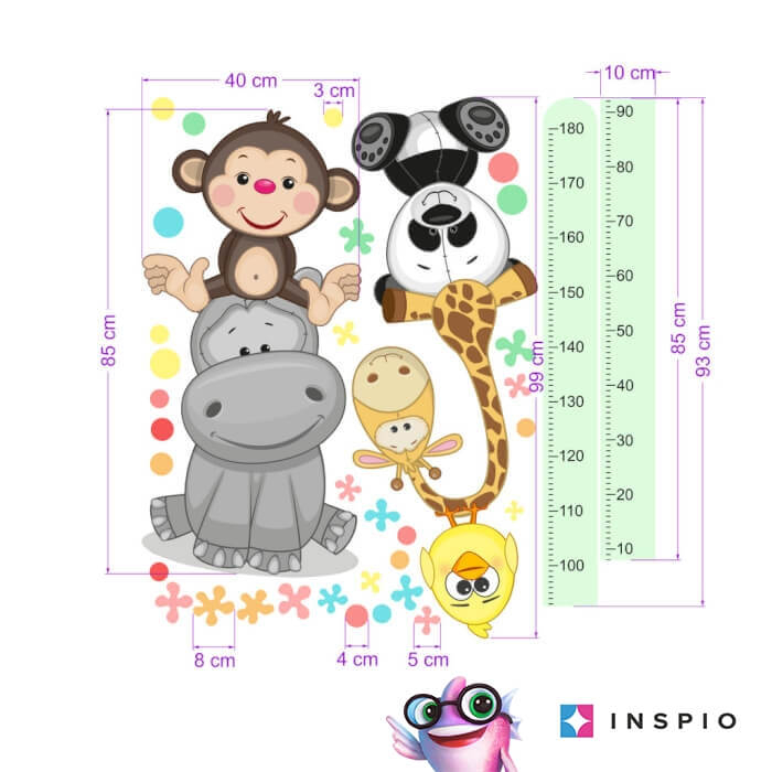 Autocolant pentru perete - Metru de masurare a inaltimii copiilor cu animale fericite - 180 cm, 45x187 cm metru verde [2]