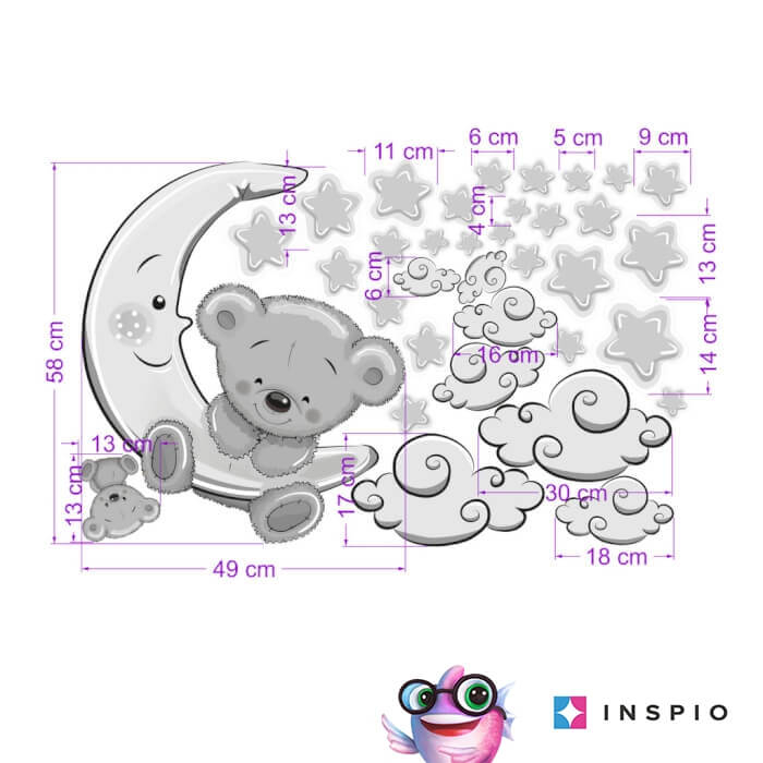 Autocolant pentru perete - Ursulet si luna 50 x 60 cm + stele si nori [2]