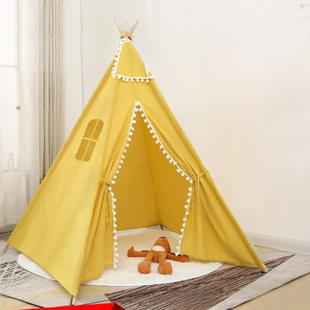 Cort de joaca pentru copii, cort teepee, stil indian, Empria, 110x110x110 cm, Galben