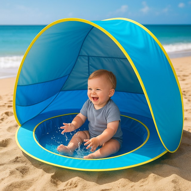 Cort de plaja, Empria, cu protectie UV pentru bebelusi si copii, cu piscina, vacanta vara, 117x79x70 cm [2]