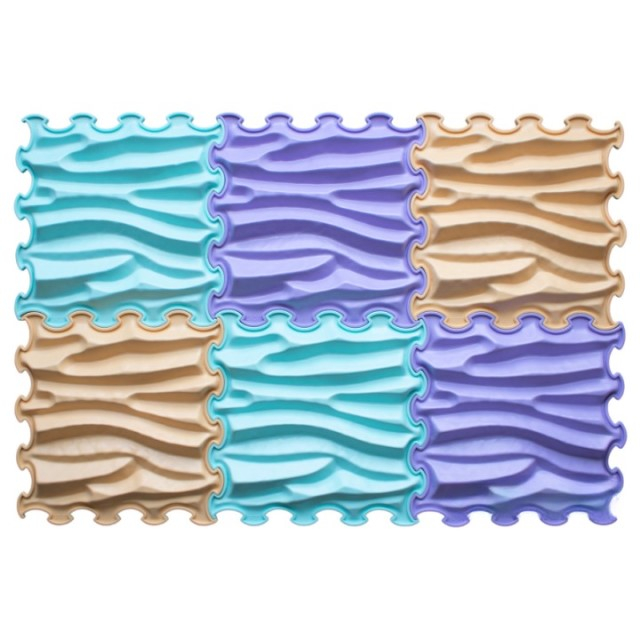 Covoras ortopedic, senzorial, set puzzle, 6 piese, model Sandy Waves, textura rigida, Multicolor