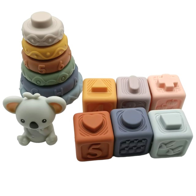 Jucarii cuburi de construit 3D din silicon alimentar pentru bebelusi, 13 cuburi si discuri conectabile, Empria