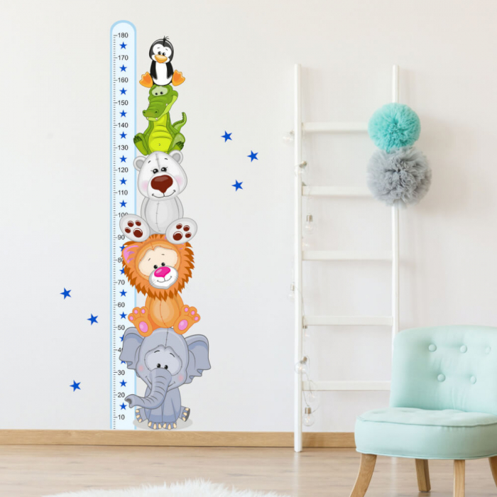 Metru albastru cu animale in camera copiilor, 45 x 188 cm