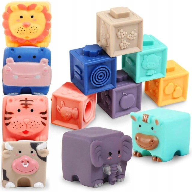 Set 12 cuburi de construit din silicon, jucarie educationala colorata, Empria, Animale si Cifre