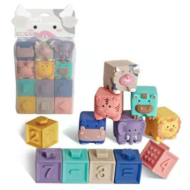 Set 12 cuburi silicon copii, jucarie educationala colorata, Empria, Diverse modele