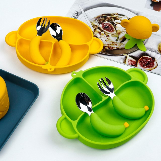 Set hranire bebelusi si copii, stangaci dreptaci sau ambidextri, farfurie silicon si tacamuri metalice, silicon fara alergeni, Empria, Maimutica, Diverse culori [5]