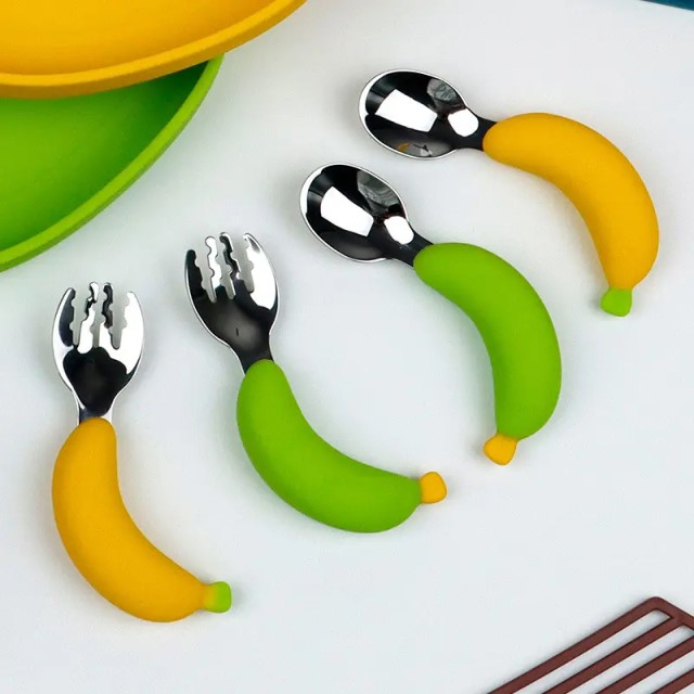 Set hranire bebelusi si copii, stangaci dreptaci sau ambidextri, farfurie silicon si tacamuri metalice, silicon fara alergeni, Empria, Maimutica, Diverse culori [9]