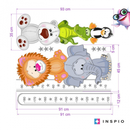 Stickere decorative - Autocolant - metru de masurare a inaltimii cu animale II - 180cm, 45 x 188 cm metru gri-alb