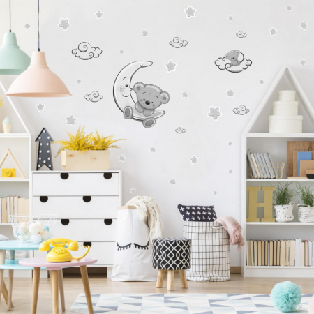 Stickere decorative - Autocolant pentru perete - Ursulet si luna 50 x 60 cm + stele si nori