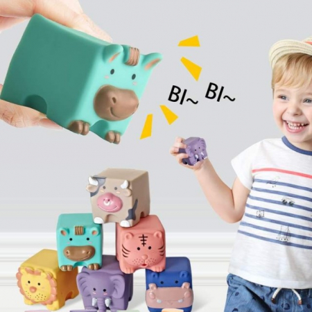 Jucarii bebelusi - Set 6 cuburi de construit din silicon, jucarie educationala colorata, Empria, animale