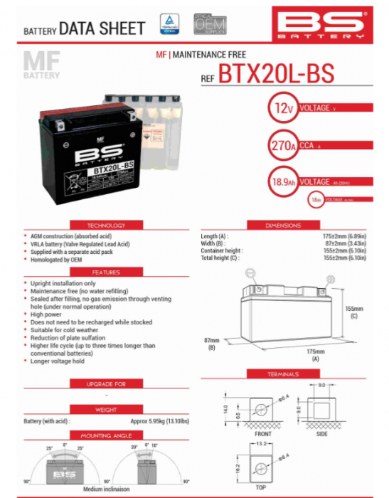 Baterie BS BTX20L-BS (YTX20L-BS) 12V 18AH 175X86X154 [1]