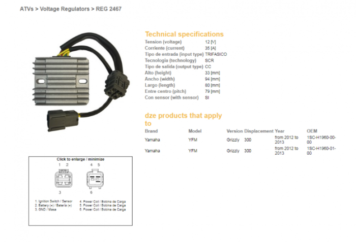 Releu incarcare Yamaha YFM 300 Grizzly '12-'13 (1SC-H1960-00-00, 1SC-H1960-01-00) Kymco MXU 450 '10-'12 [1]